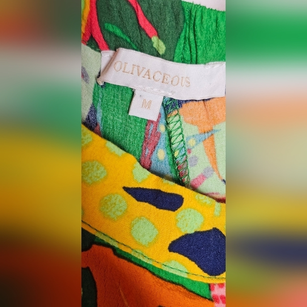 Olivaceous Floral Multicolored Elastic Waistband Tropical Wide Leg Pants. Sz M - Picture 5 of 7